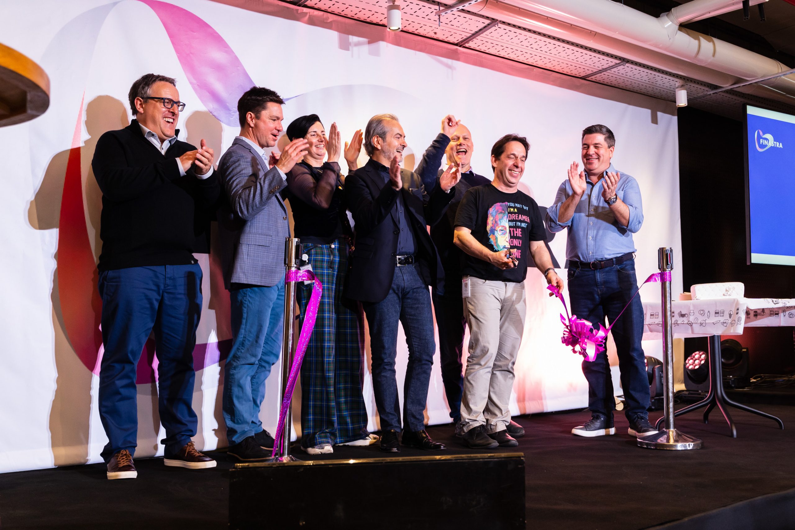 Photo shows from left to right: Tom Kilroy, Chief Operating Officer, Mark Miller, Chief Financial Officer, Sharon Doherty, Chief People Officer, Eric Duffaut, President and Global Head of Field & Marketing, Eli Rosner, Chief Product and Technology Officer, Sagive Greenspan, SVP, General Manager, Payments and General Manager of Finastra Israel and Simon Paris, Chief Executive Officer at Finastra’s office launch in Kfar Saba, Israel.